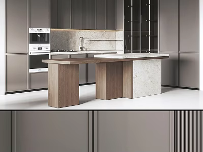 Modern Gray Kitchen Interior Design With Marble Island Counter And Wooden Cabinets 3d model