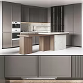 Modern Gray Kitchen Interior Design With Marble Island Counter And Wooden Cabinets