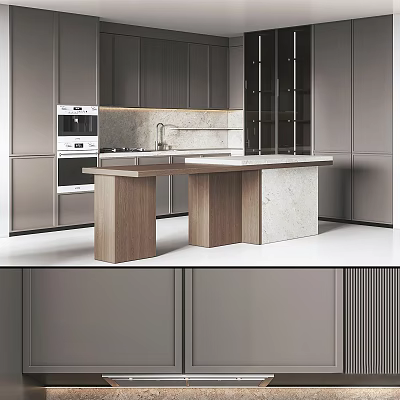Modern Gray Kitchen Interior Design With Marble Island Counter And Wooden Cabinets 3d model