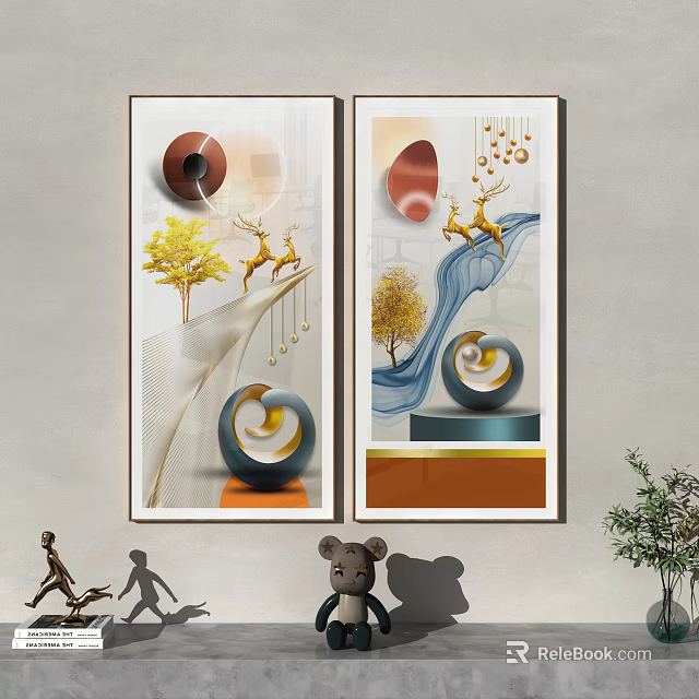 Two Decorative Wall Paintings With Deer Trees And Geometric Elements For Interior Decor 3d model 
