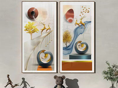 Two Decorative Wall Paintings With Deer Trees And Geometric Elements For Interior Decor 3d model