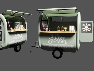 Two Green Food Carts With Sweet Summer Signs Open Windows And Drinks 3d model