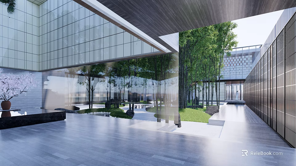 Modern Garden Landscape With Glass Curtain Walls Trees And Open Courtyard Paving 3d model 