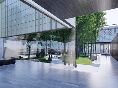 Modern Garden Landscape With Glass Curtain Walls Trees And Open Courtyard Paving 3d model