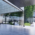 Modern Garden Landscape With Glass Curtain Walls Trees And Open Courtyard Paving
