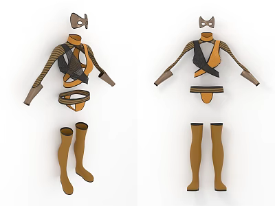 Two Brown and Black Strapped Outfits with Gloves Stockings and Headpieces 3d model