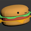Cute Cartoon Style Smiling Hamburger With Yellow Bun Green Lettuce Red Tomato And Yellow Cheese