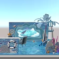 Ocean Themed Decorative Scene With Lighthouse Whale Seashell Lifebuoy And Blue Water