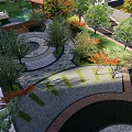 Residential Garden Landscape with Diverse Trees Lawns Playground and Paths Between High Rise Apartments