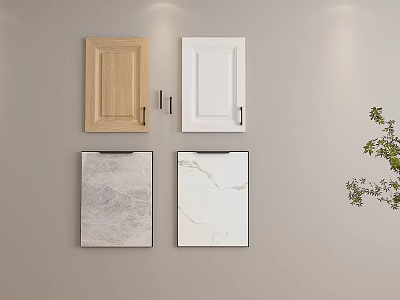 Wooden And White Kitchen Cabinet Doors With Natural Marble Panels And Green Plant 3d model