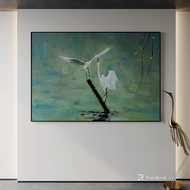 Decorative Painting With White Egrets On Tree Branch And Green Water Surface 3d model 