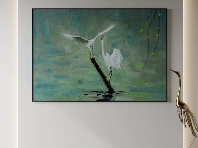 Decorative Painting With White Egrets On Tree Branch And Green Water Surface 3d model