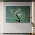 Decorative Painting With White Egrets On Tree Branch And Green Water Surface