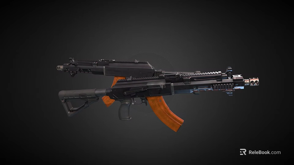 Tactical Assault Rifles With Black Metal Body Orange Wooden Stock And Magazine 3d model 