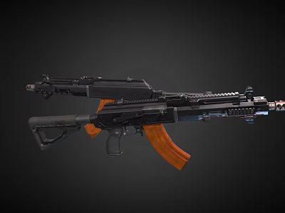 Tactical Assault Rifles With Black Metal Body Orange Wooden Stock And Magazine 3d model