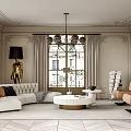 Elegant Living Room Interior With White Sofa Chandelier Large Windows And Coffee Table