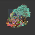 Miniature Garden Scene With Red Leaf Tree Wooden Cabin Small Pond And Green Plants