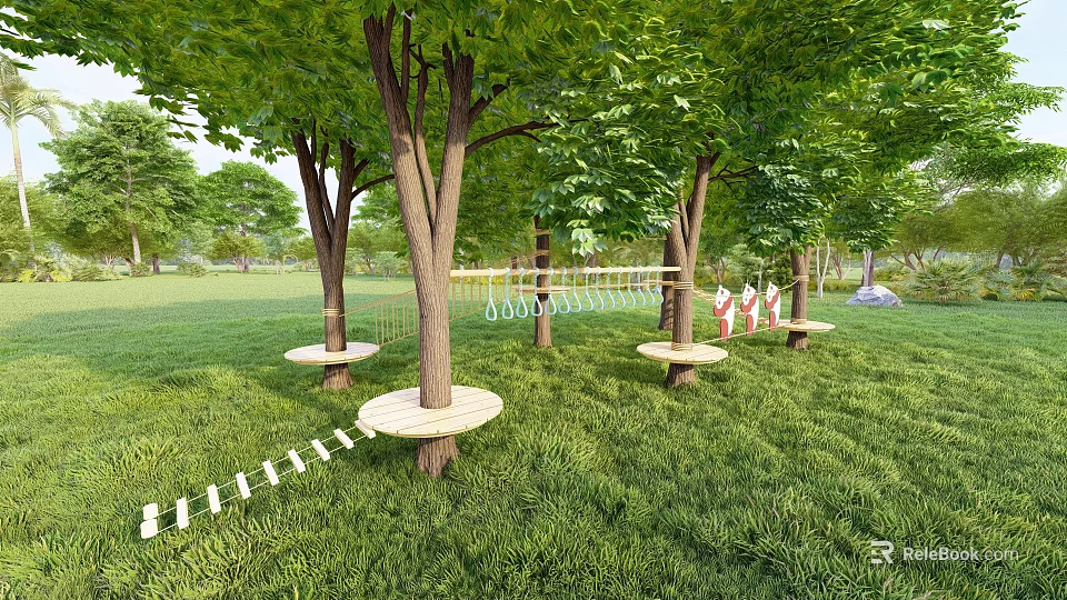 Outdoor Playground Equipment With Tree Stump Seats In Green Grass Area 3d model 