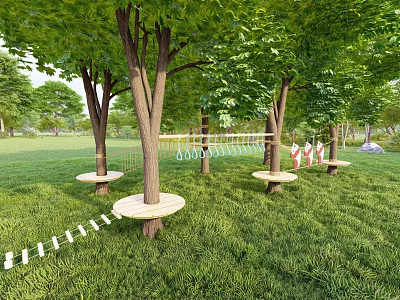 Outdoor Playground Equipment With Tree Stump Seats In Green Grass Area 3d model