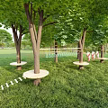 Outdoor Playground Equipment With Tree Stump Seats In Green Grass Area