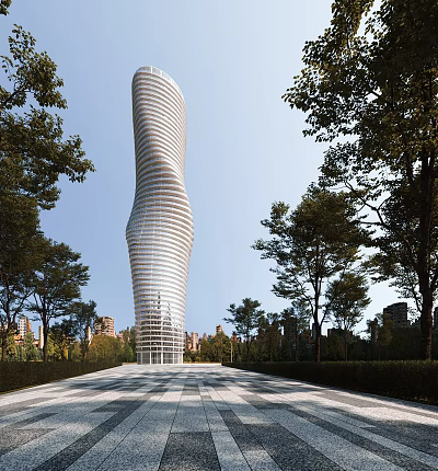 Modern Spiral Office Building With Glass Exterior Surrounded By Trees And Open Plaza 3d model