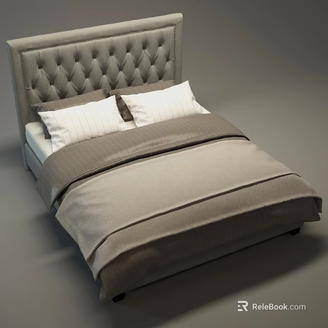 Modern Double Bed With Tufted Gray Headboard Striped Pillows And Gray Comforter 3d model