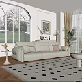 Elegant Modern Living Room Interior With White Sofa Geometric Rug Decorative Painting And Green Plant