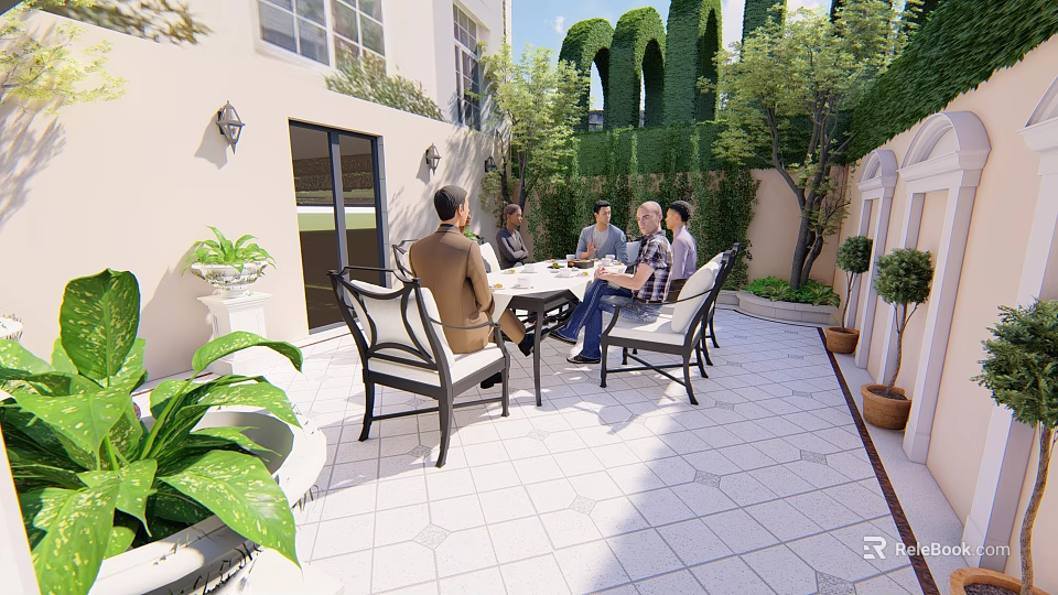 Cozy Courtyard Garden Outdoor Space With People Gathering Around Table And Green Plants 3d model 