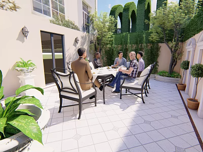 Cozy Courtyard Garden Outdoor Space With People Gathering Around Table And Green Plants 3d model