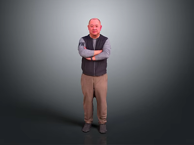 Man Standing with Arms Crossed in Black Vest Gray Shirt Brown Pants Gray Gradient Background 3d model