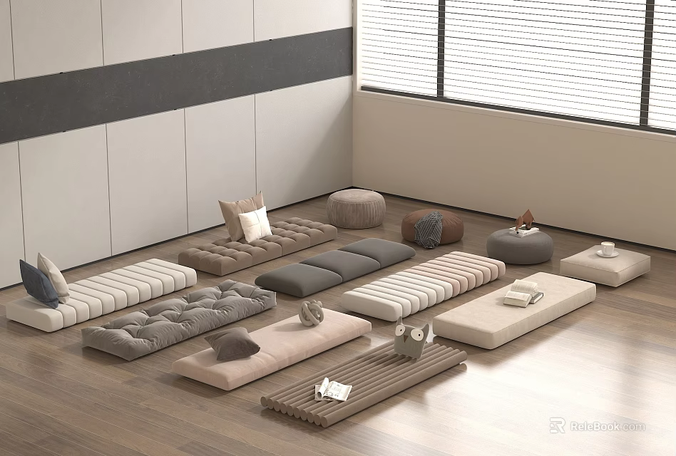 Home Living Cushions and Floor Benches in Various Colors Shapes on Wooden Floor Interior 3d model 