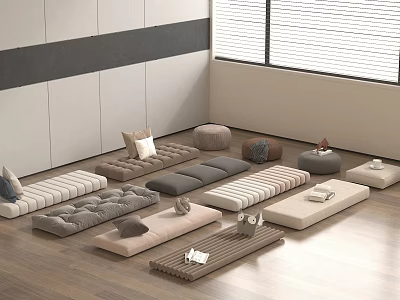 Home Living Cushions and Floor Benches in Various Colors Shapes on Wooden Floor Interior 3d model