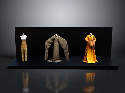 Clothing Display On Black Platform Featuring Mannequins With Brown Pants Gray Robe And Yellow Dress 3d model