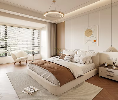 Modern Bedroom with Platform Bed Nightstand Ceiling Lamp Window Accent Chair Rug and Wall Art 3d model