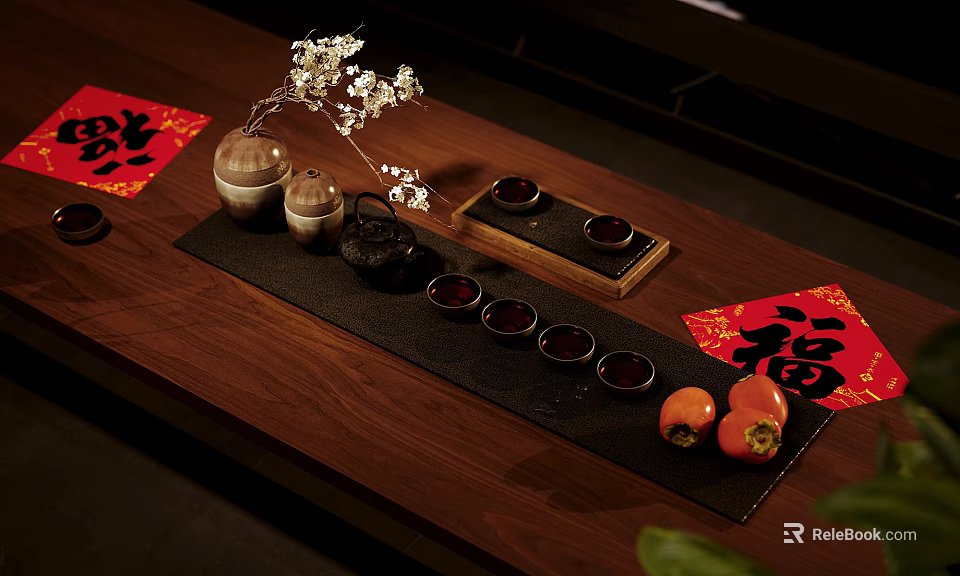 Traditional Chinese Tea Set on Wooden Table with Lucky Fu Character White Blossom and Persimmons 3d model 