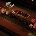 Traditional Chinese Tea Set on Wooden Table with Lucky Fu Character White Blossom and Persimmons
