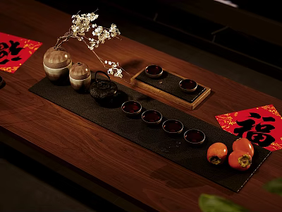Traditional Chinese Tea Set on Wooden Table with Lucky Fu Character White Blossom and Persimmons 3d model