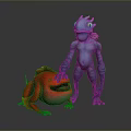 Blue Humanoid Creature Standing Next To Red Fish With Orange Fins And Green Feet