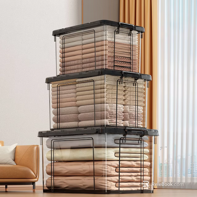 Clothes Stored in Transparent Stacked Storage Bins with Black Frames for Home Organization 3d model 