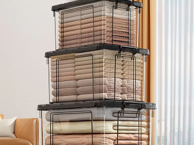 Clothes Stored in Transparent Stacked Storage Bins with Black Frames for Home Organization 3d model