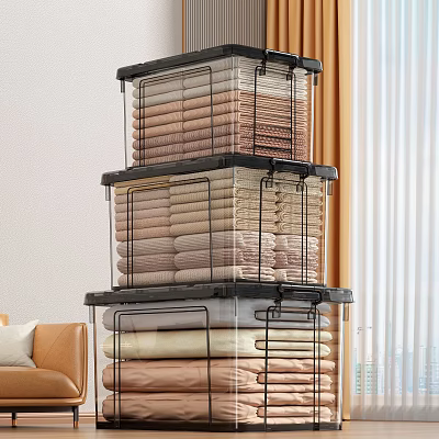 Clothes Stored in Transparent Stacked Storage Bins with Black Frames for Home Organization 3d model