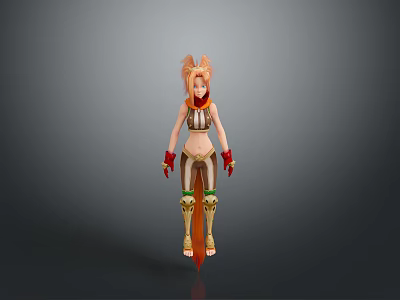 3D Model Woman with Golden Hair Brown Top Green Pants Red Gloves and Golden Boots 3d model