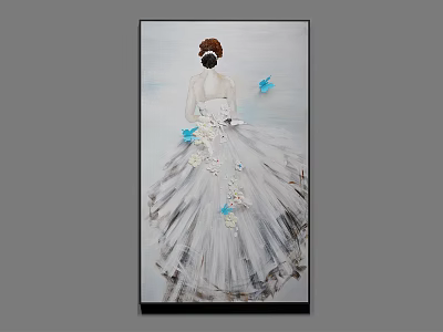 Elegant Oil Painting of Woman's Back View in White Dress with Blue Butterflies and Updo 3d model