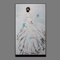 Elegant Oil Painting of Woman's Back View in White Dress with Blue Butterflies and Updo