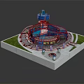 Cartoon Scene of Futuristic Blue Dome Building With Tall Tower Green Lawn Circular Pathway And Decorative Pillars