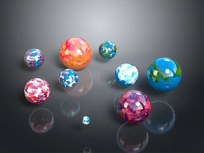 Colorful Spheres With Various Colors And Patterns On Black Background With Reflections 3d model