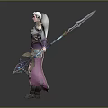 Elegant Female Elf Game And Movie Character With Purple Cloak Silver Spear And Jeweled Armor