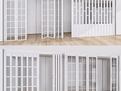 White Interior Foldable Doors With Glass Panels And Modern Wooden Floor Design 3d model