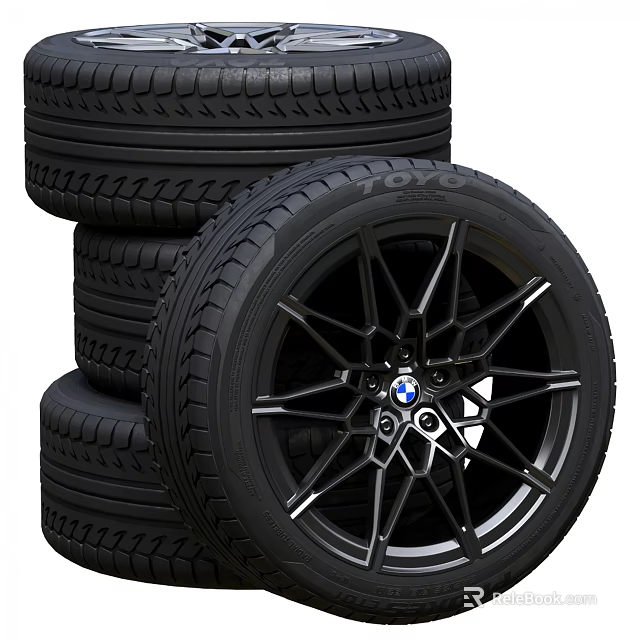 High Quality Car Tires Stacked With Stylish Black Alloy Wheels BMW Logo Center 3d model 