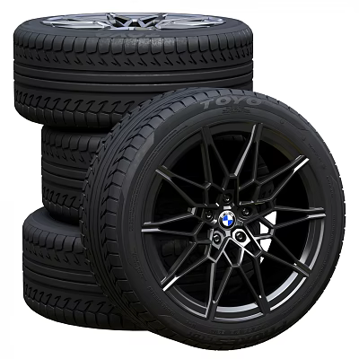 High Quality Car Tires Stacked With Stylish Black Alloy Wheels BMW Logo Center 3d model